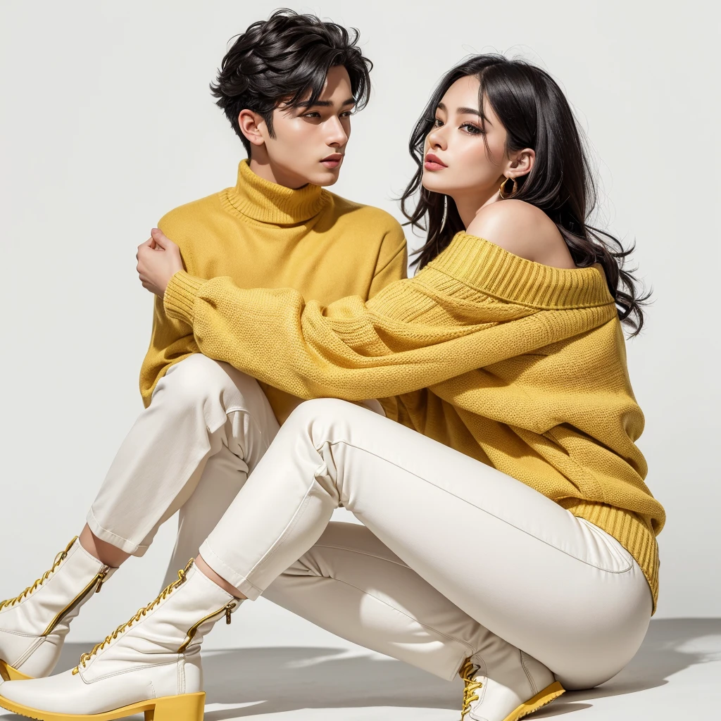 ((best qualityer)), ((work of art)), (detailded), 1 boy, Bblack hair, yellow off-shoulder sweater, white boot, yellow pants, White background,