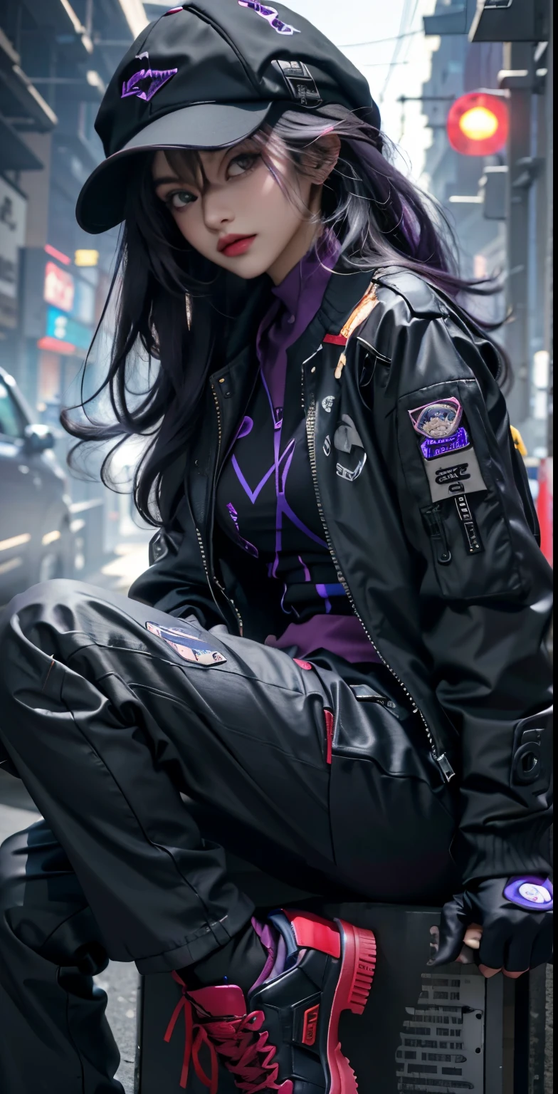 Masterpiece, Best Quality, Ultra-Detailed, 1girl, solo, purple eyes, black hair, purple tips, black cap, black jacket, futuristic jacket, open jacket, purple shirt, black pants, red shoes, black gloves, fingerless gloves, looking at the viewer, side look, sitting