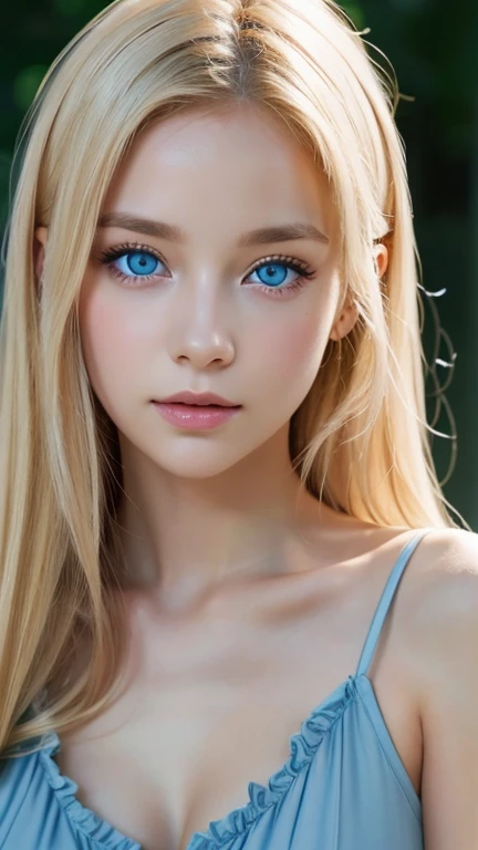 View completely from the side, Crazy about Love, 14 years old , summer dress with ruffles, Super beautiful Scandinavian blonde girl, has cleavage, standing, arms behind head, blows between the eyes、Super Long Straight Platinum Blonde Hair、low contrast, (a shy smile:0.8), of the highest quality, ultra high resolution, realistic photos, Very detailed, 8k, RAW Photos, perfect anatomy、so beautiful, bright, bright light blue eyes、cheek glow highlight、very big eyes、small face beauty