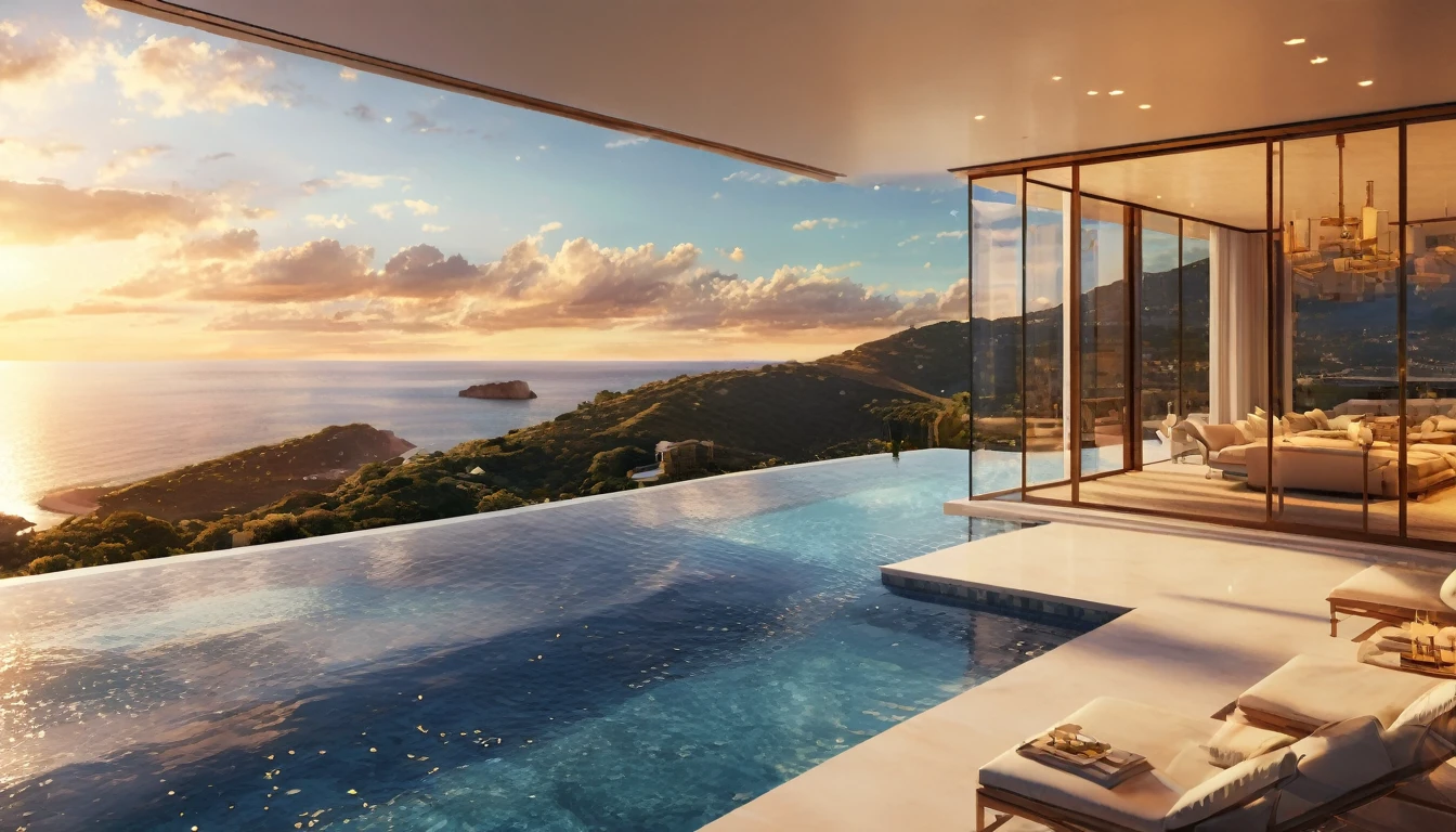 a modern luxury mansion, infinity pool, ocean view, floor-to-ceiling windows, sleek luxury interior design, photorealistic, 8k, best quality, masterpiece, highly detailed, dramatic lighting, cinematic, beautiful scenery, serene atmosphere, warm color palette, golden hour lighting, architectural marvel