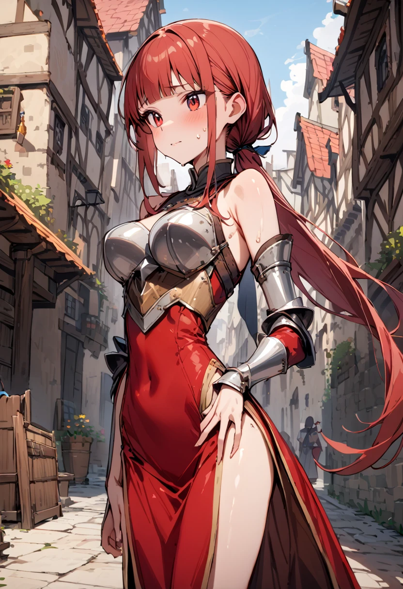 ((masterpiece,Highest quality:1.3)),cowboy shot,1woman,30 year old beauty,female knight、独奏,((very small head:1.3)),red hair,long hair,low ponytail,blunt bangs,red eyes,gorgeous eyes,shy,medium breasts,((very long body:1.3)),((toned body,slender body,skinny)),gleaming skin,shiny skin,sweat,knight armor、Iron Gauntlets、Red Skirt、slit、Leather long boots、standing,city、Medieval Europe、
