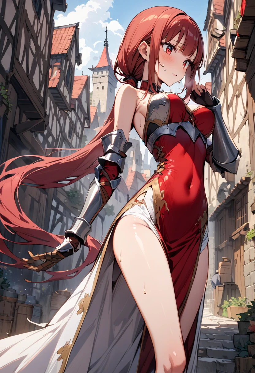 ((masterpiece,Highest quality:1.3)),cowboy shot,1woman,30 year old beauty,female knight、独奏,((very small head:1.3)),red hair,long hair,low ponytail,blunt bangs,red eyes,gorgeous eyes,shy,medium breasts,((very long body:1.3)),((toned body,slender body,skinny)),gleaming skin,shiny skin,sweat,knight armor、Iron Gauntlets、Red Skirt、slit、Leather long boots、standing,city、Medieval Europe、