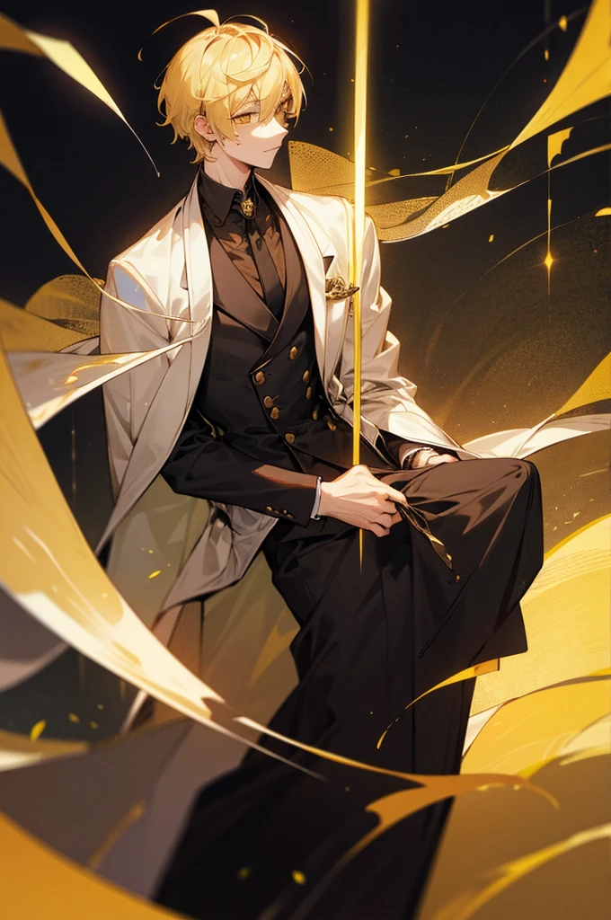 1male, fancy clothes, adult, male, yellow eyes, happy, blonde hair, short hair,
