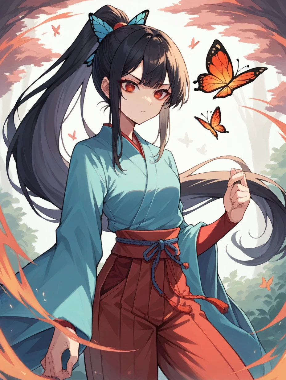 1female, 20 years old, Asian golden red eyes, thin eyes, yellowish skin, long black hair in a high ponytail, orange butterfly hairpin, bangs, turquoise Japanese haori, pale red Japanese hakama pants, long sleeves, Japanese belt with butterfly ornaments, odachi Japanese sword with fire magic, stern expression, concentration, forest around, fire magic, butterflies