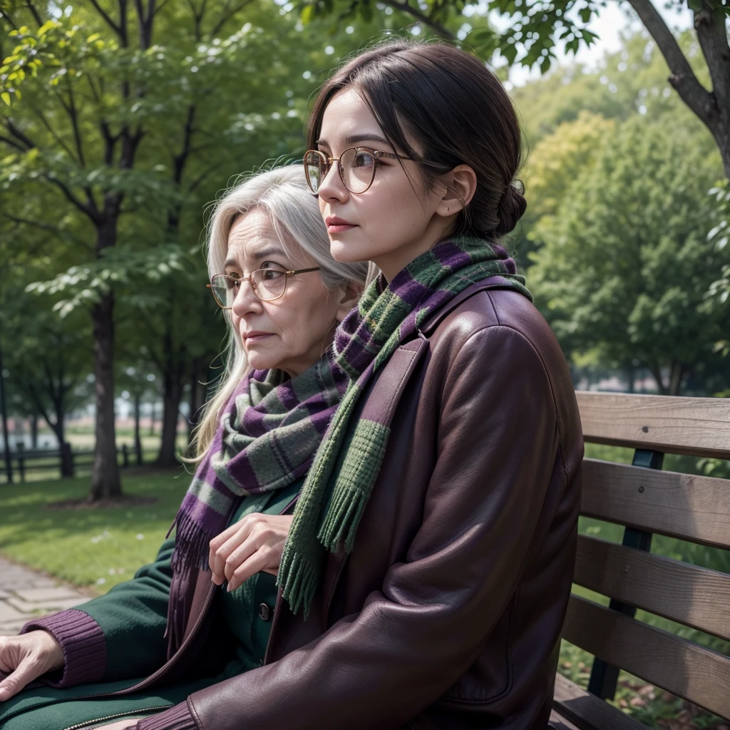 A woman in a park, elderly woman, glasses, purple coat, green scarf, detailed portrait, photorealistic, 8k, best quality, masterpiece, highly detailed, intricate details, cinematic lighting, dramatic colors, warm tones, natural lighting, outdoor scene, lush foliage, cobblestone path, bench, tranquil atmosphere
