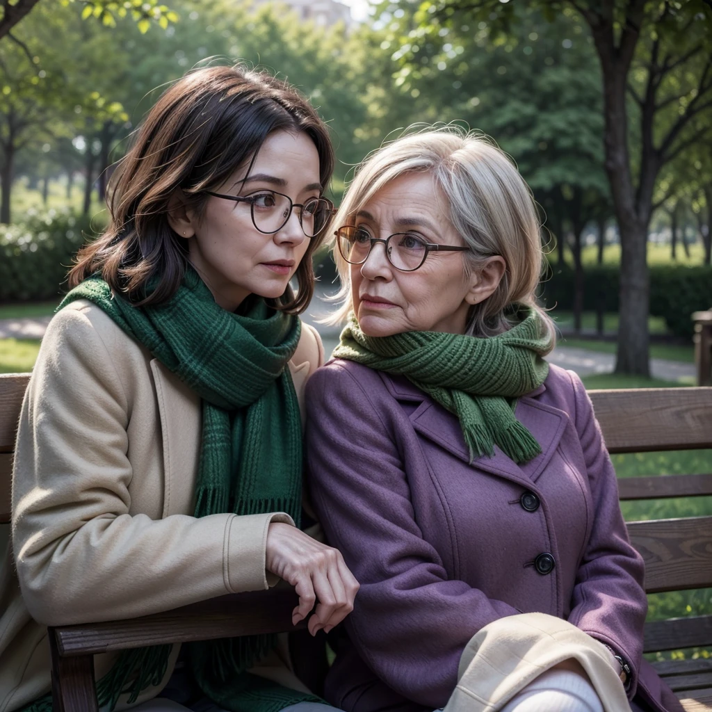 A woman in a park, elderly woman, glasses, purple coat, green scarf, detailed portrait, photorealistic, 8k, best quality, masterpiece, highly detailed, intricate details, cinematic lighting, dramatic colors, warm tones, natural lighting, outdoor scene, lush foliage, cobblestone path, bench, tranquil atmosphere