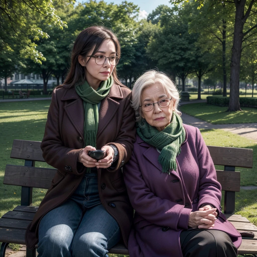 A woman in a park, elderly woman, glasses, purple coat, green scarf, detailed portrait, photorealistic, 8k, best quality, masterpiece, highly detailed, intricate details, cinematic lighting, dramatic colors, warm tones, natural lighting, outdoor scene, lush foliage, cobblestone path, bench, tranquil atmosphere