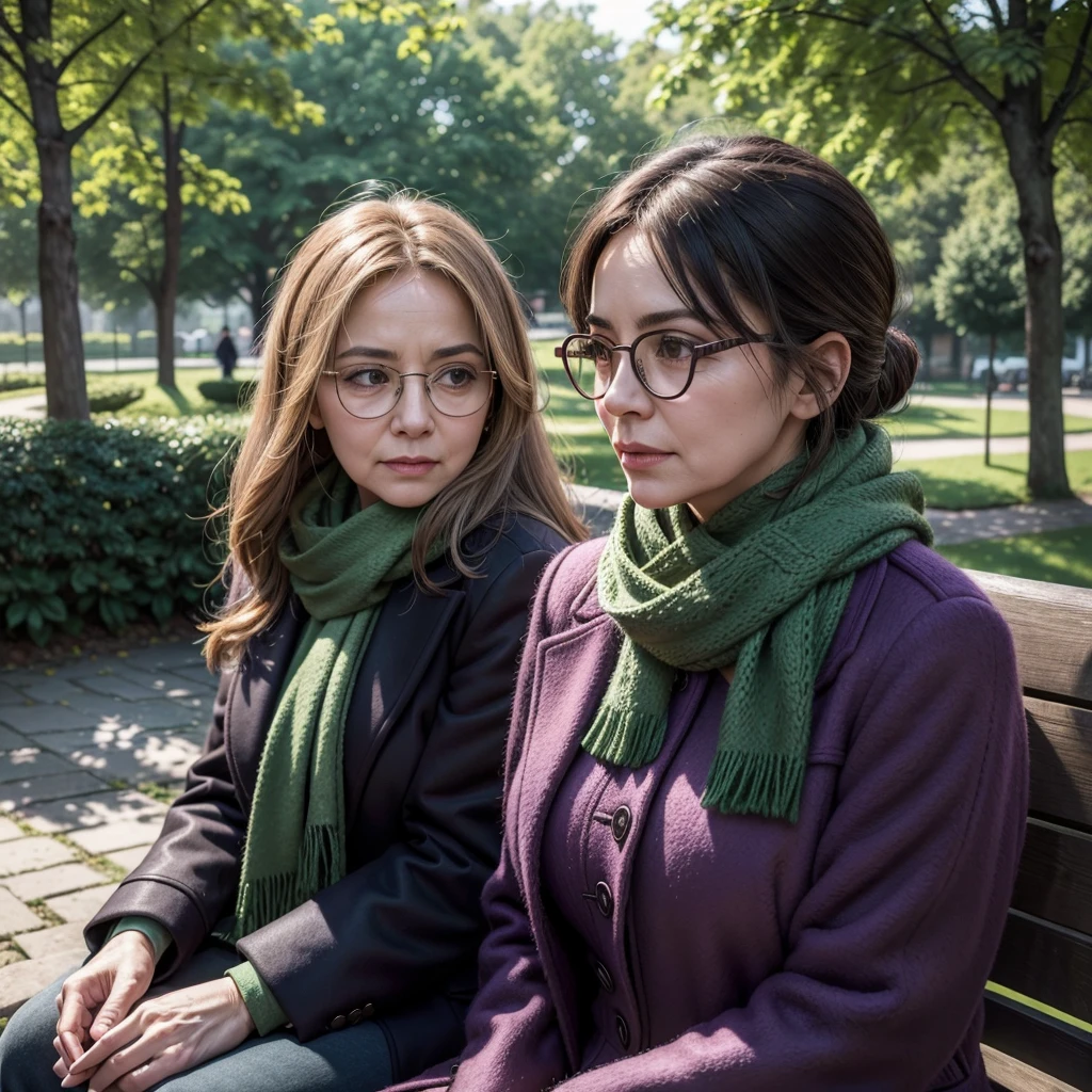 A woman in a park, elderly woman, glasses, purple coat, green scarf, detailed portrait, photorealistic, 8k, best quality, masterpiece, highly detailed, intricate details, cinematic lighting, dramatic colors, warm tones, natural lighting, outdoor scene, lush foliage, cobblestone path, bench, tranquil atmosphere