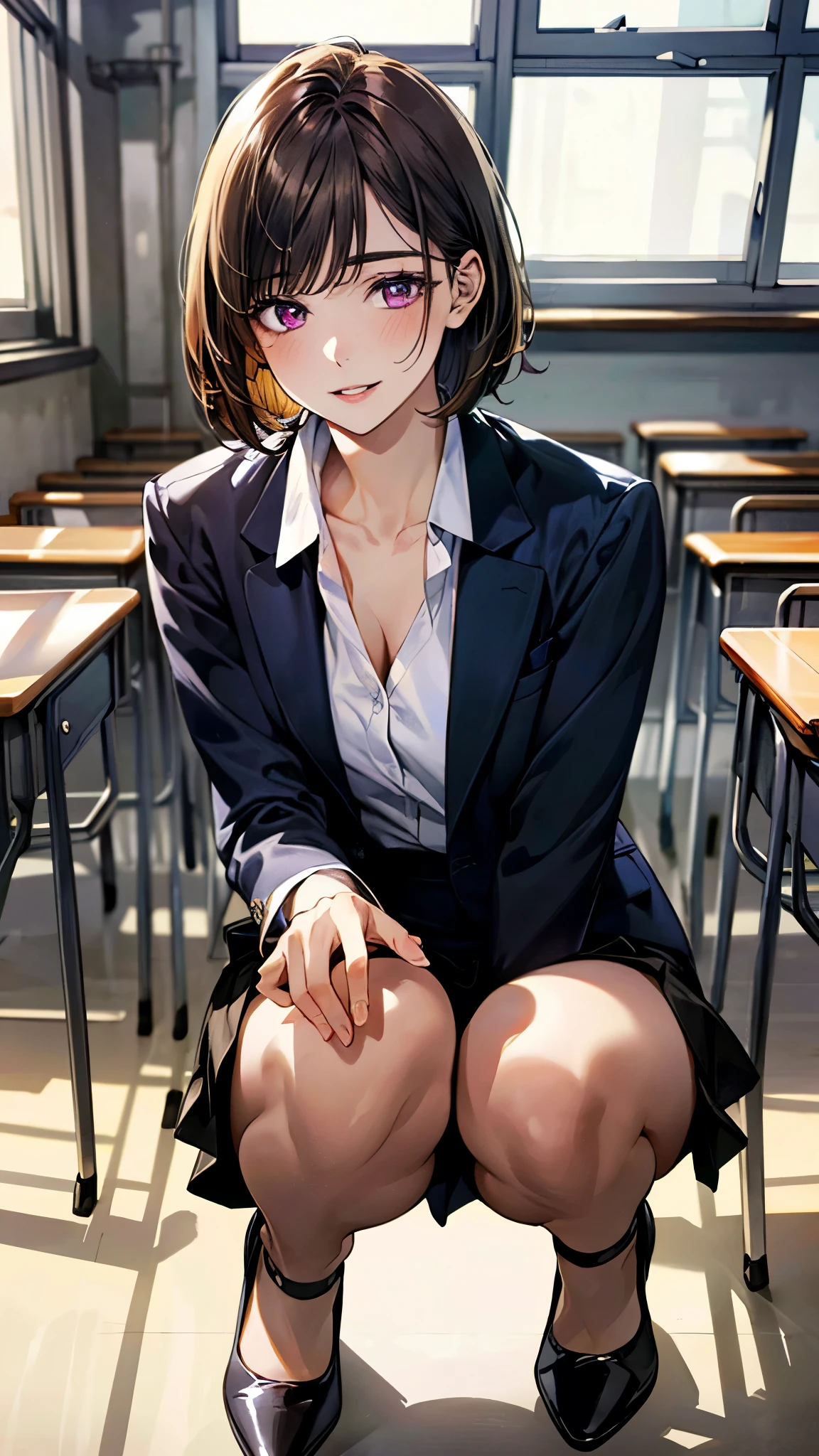 (masterpiece:1.3, top-quality, ultra high res, ultra detailed), (realistic, photorealistic:1.4), beautiful illustration, perfect lighting, natural lighting, colorful, depth of fields,
beautiful detailed hair, beautiful detailed face, beautiful detailed eyes, beautiful clavicle, beautiful body, beautiful chest, beautiful thigh, beautiful legs, beautiful fingers,
looking at viewer, 1 girl, high school teacher, 22 years old, perfect face, (perfect anatomy, anatomically correct), cute and symmetrical face, , , shiny skin,
(short hair:1.5, fluffy bob cut, dark brown hair), swept bangs, dark purple eyes, slant eyes, big eyes, long eye lasher, (medium breasts), slender,
(suit jacket, suit tight skirt, collared white shirt, high heels),
(beautiful scenery), evening, (school classroom:1.2), squatting, (lovely smile, parted lips),