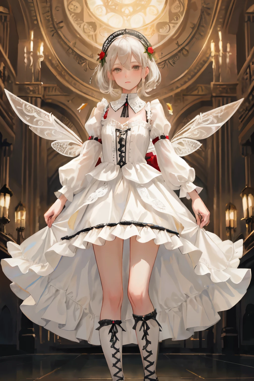 ((best quality)), ((masterpiece)), (detailed), a heavenly female knight, imposing, biblical, NSFW, long white grey hair, grey white eyes, very skinny, detailed, best quality, prominent collarbones, skinny arms, flat stomach, visible hip bones, small breasts, full body, red and white clothing, occult aesthetic, occult, detailed and intricate steampunk and detailed gothic, NSFW, Fluttering lace flared long knee length dress with frilly petticoats, knee length dress, pleated petticoats, petticoats gothic, complex lace boots, gothic aesthetic, wielding a mighty sword with mechanical components, mandalas, small breasts, a fairy, various different types of insect wings, bug wings, beetle wings, NSFW, full body, whole body, body, chains,