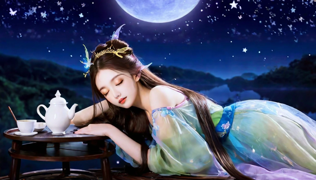 It depicts a beautiful fairy sleeping against a nighttime background.。Her hair is the color of royal milk tea、Long hair is shiny and glossy。Her eyes are brown and、It's happily closed。She is wearing a thin dress、Lying in a graceful position。All around in darkness、The presence of fairies is more prominent。