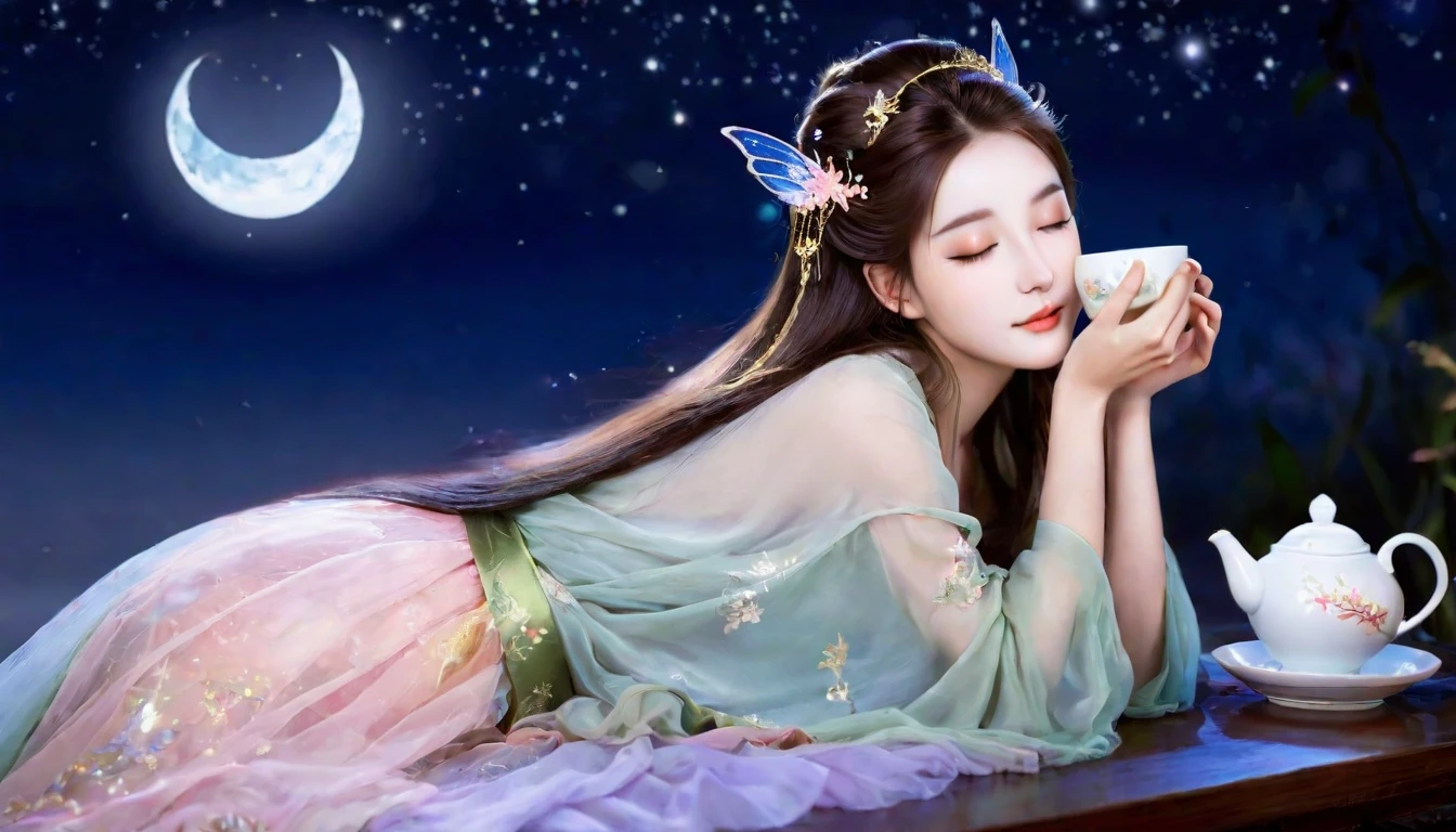 It depicts a beautiful fairy sleeping against a nighttime background.。Her hair is the color of royal milk tea、Long hair is shiny and glossy。Her eyes are brown and、It's happily closed。She is wearing a thin dress、Lying in a graceful position。All around in darkness、The presence of fairies is more prominent。