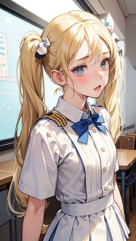 18-year-old、Blonde 、(((Twin tails)))、Small head、White Uniform、Short sleeve、cute、Model Body Type、Mature、High body、Short skirt、Composition from the front、Surprised face、classroom、blush、Embarrassing、Upper body portrait、Hands behind back、Embarrassed and depressed、