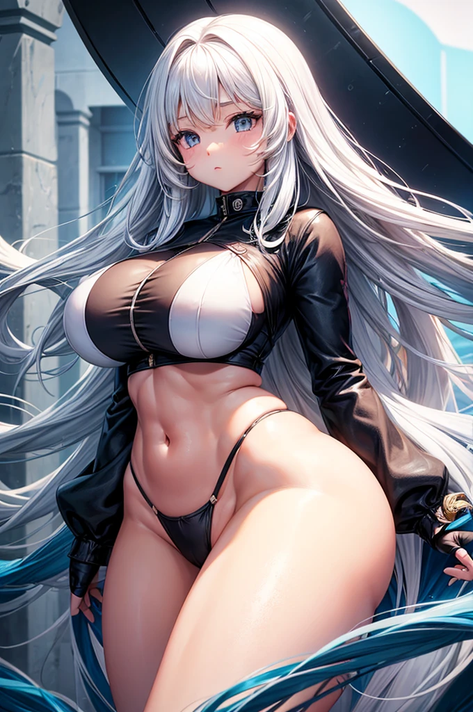 a childlike girl. With a body physique of huge and wide hips, big thighs, round ass, long white hair, medium breasts.