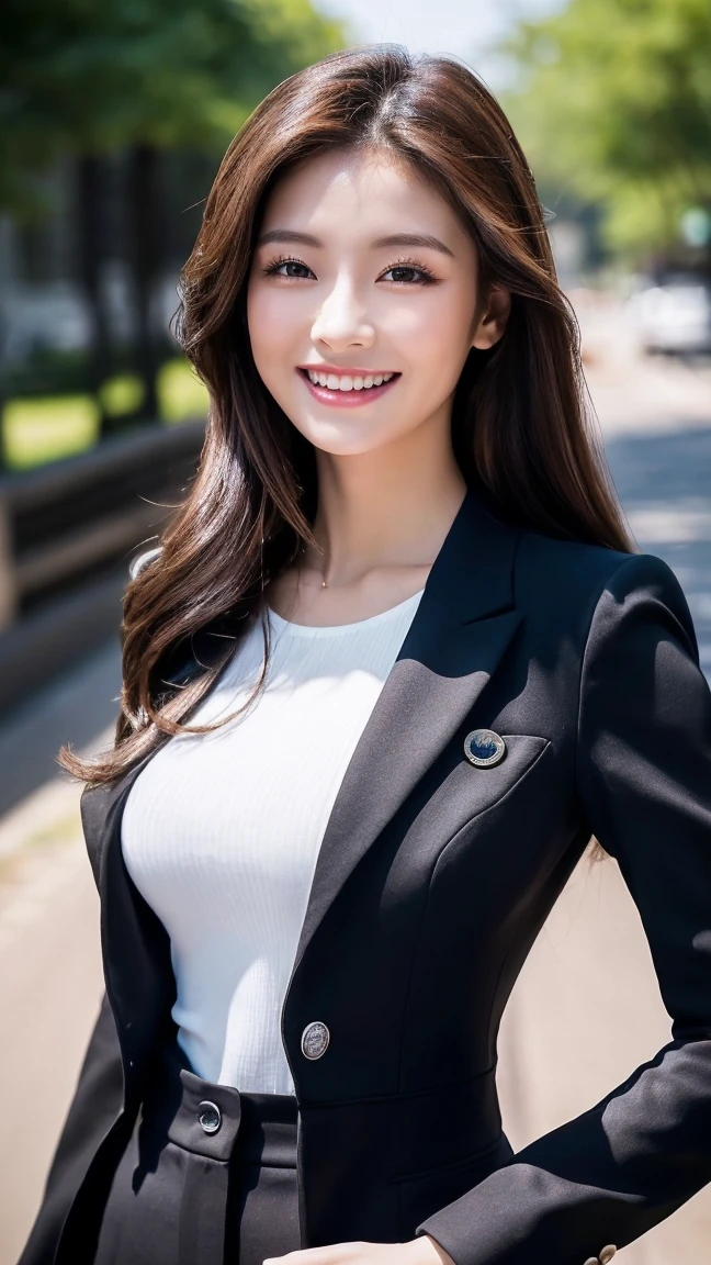 (Highest quality、8K、masterpiece:1.3)、Beautiful woman with perfect figure:1.4、((Dark brown super long hair))、24-years-old、((Office lady at a top company))、170cm tall and a dynamic body、Russians and Japan mixes、Beautiful Face、Athletic build and muscular、Wearing a pendant、((A tight dark blue suit))、White blouse、Highly detailed face and skin、fine grain、double eyelid、((Big Breasts ))、 Big Ass、((front))、((smile))、((Standing at a distance))、((whole body))、Looking this way、((Black high heels))