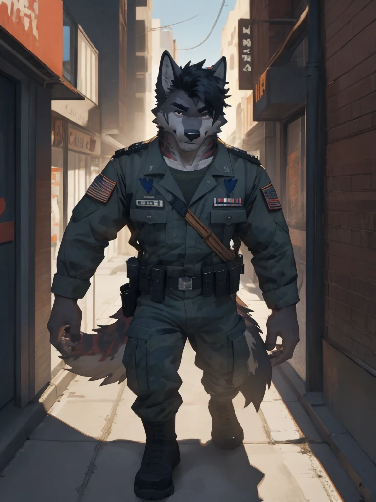 Male, male focus, wolf, short hairs, black fur, white fur, black hair, Red heart stripes on his hair, navy seal military uniform, guns, high quality, highlight, shade, shadow, city street, night, scars, high details, Very high level of detail, Very detailed shading 