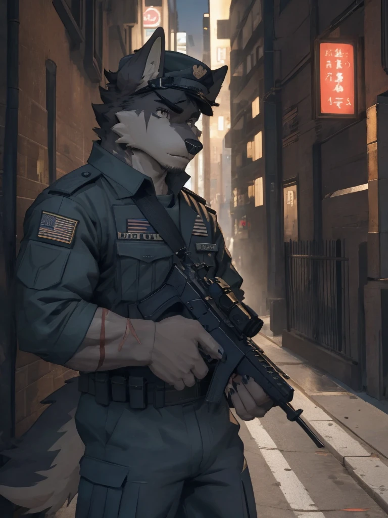 Male, male focus, wolf, short hairs, black fur, white fur, black hair, Red heart stripes on his hair, navy seal military uniform, guns, high quality, highlight, shade, shadow, city street, night, scars, high details, Very high level of detail, Very detailed shading 