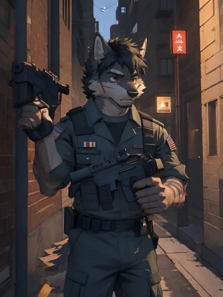 Male, male focus, wolf, short hairs, black fur, white fur, black hair, Red heart stripes on his hair, navy seal military uniform, guns, high quality, highlight, shade, shadow, city street, night, scars, high details, Very high level of detail, Very detailed shading 