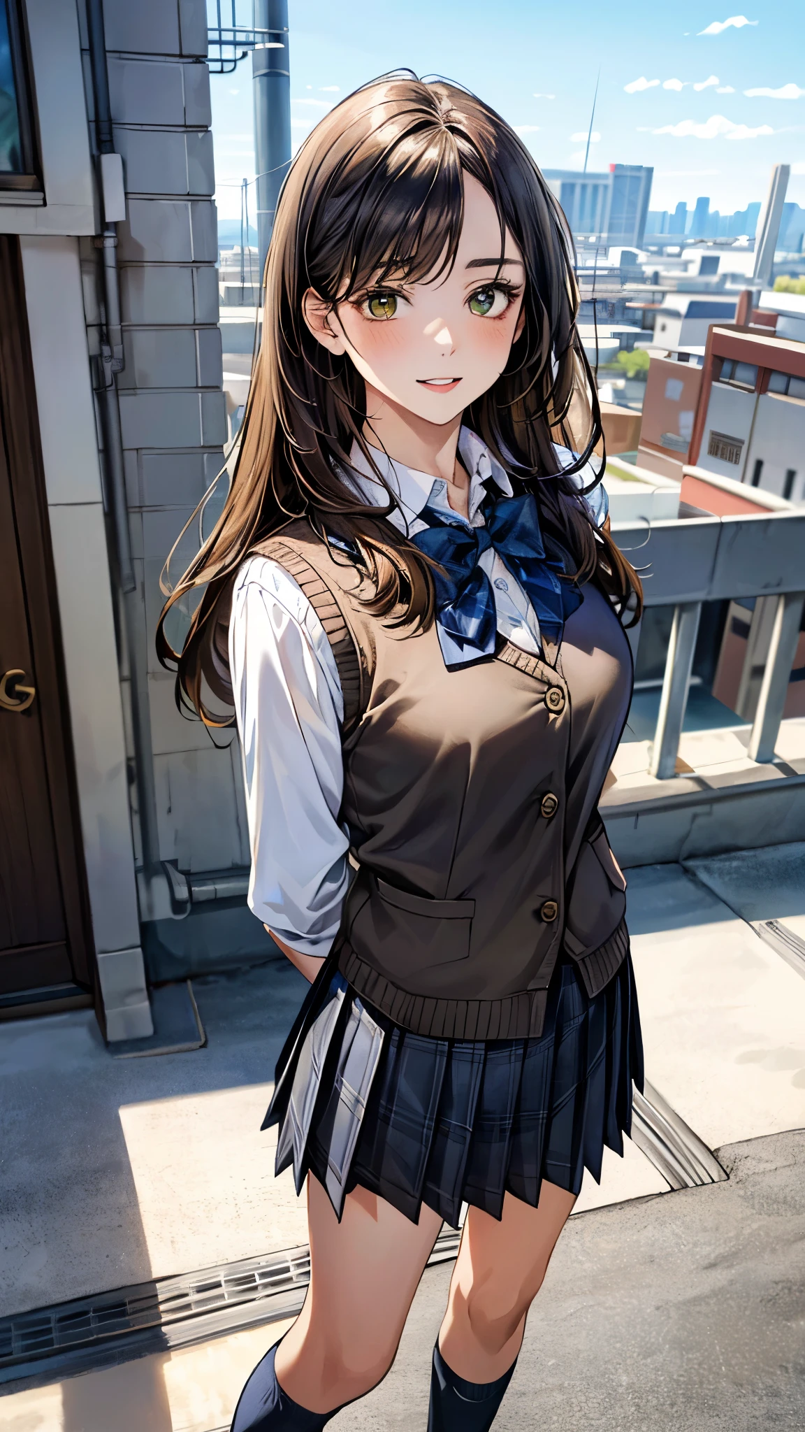 Anime Girl In School Uniform Posing On Rooftop With City In Background 