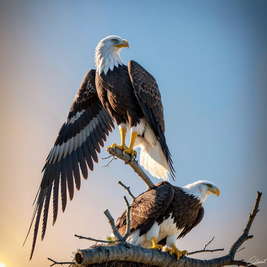 =Create a majestic eagle perched in a sturdy nest atop a large, dry branch during a sunset. The eagle should appear powerful and commanding, with its wings spread wide and ready to take flight, looking directly at the viewer with intense eyes, and its beak pointed towards the observer. Its chest should bear a tattoo of the coat of arms of São Jorge, adding a symbolic element. Its feathers should be ruffled by the wind. The background should feature a dramatic sunset sky with bright orange tones, illuminated by the golden light of 5 PM. The lighting should highlight the eagle's feathers and create dramatic shadows on the nest and branch. Use an earthy color palette with accents of gold and gray.