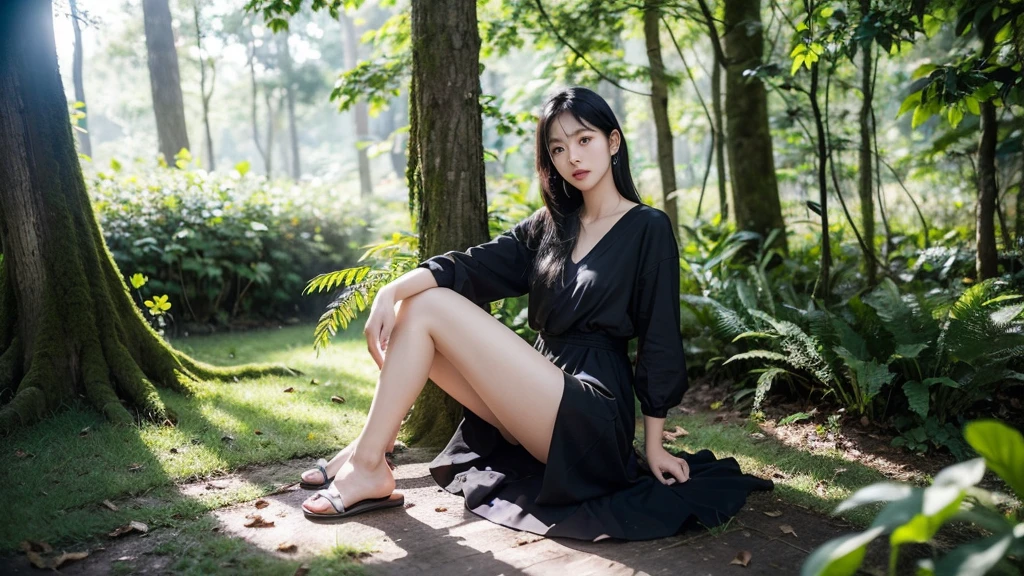Ngan is a beautiful young Asian girl, Sitting and listening to music in the shade of the forest, wear a short black dress, black hair, There are flowers and birds around, Sunlight penetrates through the leaves, shoe details, thin white shirt, sharp and clear images