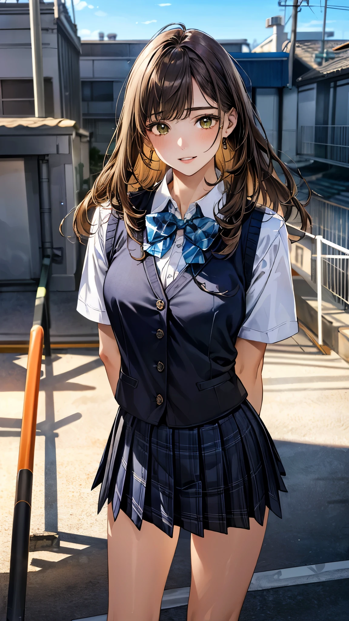 (masterpiece:1.3, top-quality, ultra high res, ultra detailed), (realistic, photorealistic:1.4), beautiful illustration, perfect lighting, natural lighting, colorful, depth of fields, surrealism,
beautiful detailed hair, beautiful detailed face, beautiful detailed eyes, beautiful clavicle, beautiful body, beautiful chest, beautiful thigh, beautiful legs, beautiful fingers, shiny skin, babyface,
looking at viewer, 1 girl, japanese, high school girl, (perfect anatomy, anatomically correct, super detailed skin), cute and symmetrical face, perfect face, perfect eyes,
(long hair, straight hair, sidelocks, daek brown hair), bangs, yellow green eyes, drooping eyes, big eyes, long eyelashes, (large breasts:1.2, seductive thighs), slender, outstanding style,
((detailed cloth texture, break,break, white collared shirt, break,break, light brown knit vest, break,break, navy plaid pleated skirt, break,break, blue bow tie), break,break, white socks, black loafer),
(beautiful scenery), evening, (school rooftop:1.2), standing, (arms behind back), (lovely smile, parted lips),