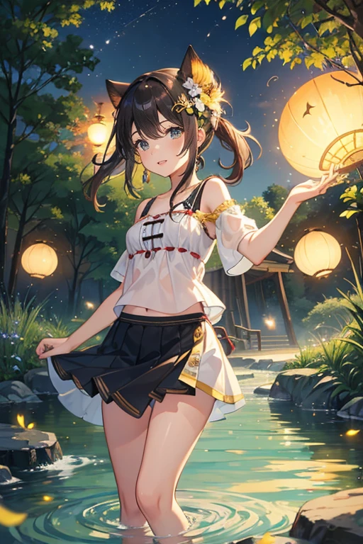 8K,Summer evening、Fireflies dancing in the stream
