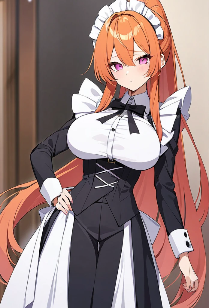 girl, orange hair, long hair, ponytail, pink eyes, big breasts, maid costume, closed suit