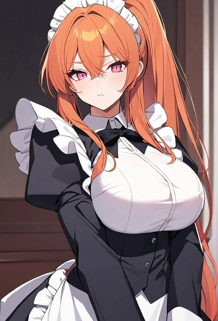 girl, orange hair, long hair, ponytail, pink eyes, big breasts, maid costume, closed suit