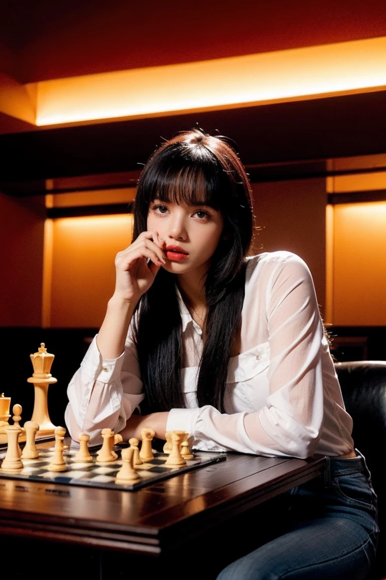 21yo girl, black hair, Dark room with red lights, chess board on the table
