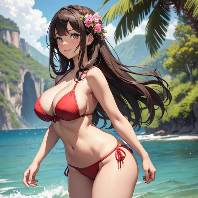 (masterpiece image, very detailed image, best high quality high definition image), solo character, back view
High very detailed Quality image
1girl, 28 years old latina girl, dark brown tanned skin, blue grey eyes, smiling, carefree demeanor, absolute feminine beauty, long dark brown hair tied on braid, pink flower at left side of the hair, thin pale mouth lips, voluptuous figure, big breasts, beautiful arms, beautiful legs, (red bikini)
Walking at the lake shore