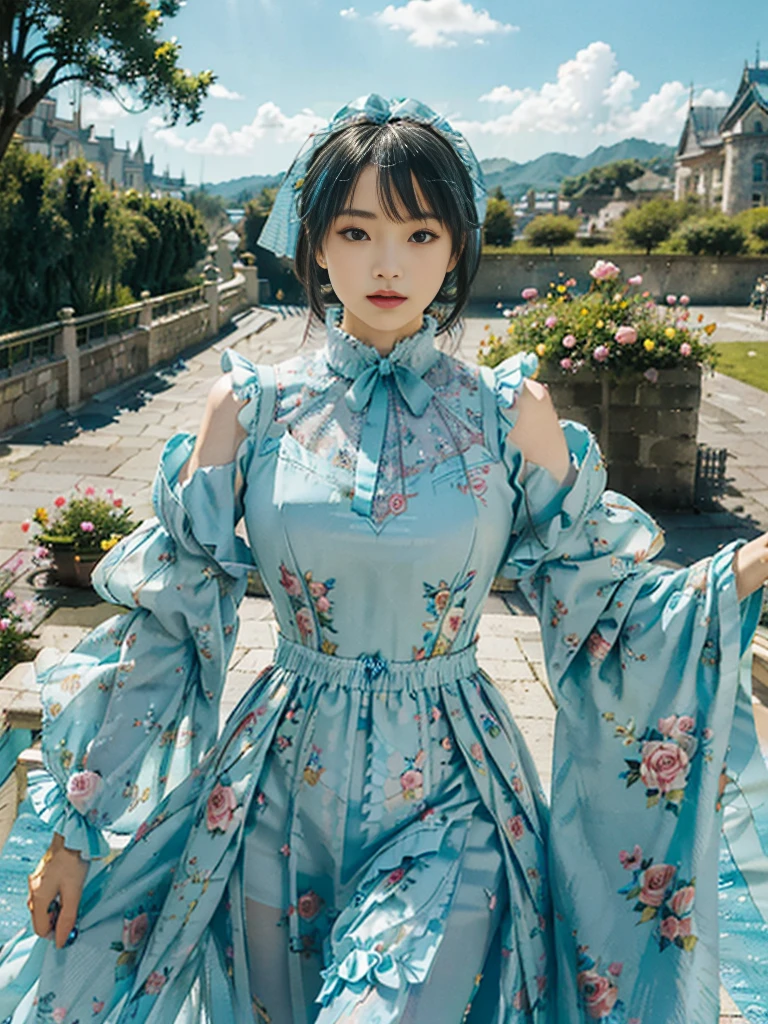 (​masterpiece、top-quality、top-quality、Official art、Beautifully Aesthetic:1.2)、(One girl:1.3)、A highly detailed、(Fractal Art:1.1)、(colourfull:1.1), (florals:1.3)、The most detailed、(Zentangle:1.2)、full body Esbian、(Blue sky and rose garden:1.3)、(shinny skin)、(Many colors:1.4), (pluma:1.5)、​masterpiece、top-quality、top-quality、Official art、Beautifully Aesthetic:1.2)、(1girl in)、ighly detailed、(Fractal Art:1.3)、colourfull、highestdetailed、long、A dark-haired、big eye、Women in Japan、(Ruffle frills, extremely detailed Chiffon Lace Ribbon Suspenders, (turquoise blue and yellow Stripe Design Pastel Coloring extremely detailed dress),extremely detailed Big Ribbon Headband, extremely detailed Open Colorborn, extremely detailed puff sleeves, extremely detailed Tied thin ribbon corset, extremely detailed Balloon skirt, extremely detailed White Net Tights, Colorful star-shaped bead accessories)、Cute table、Drinking tea、Tea、teapot、macaroons, You can see the castle behind