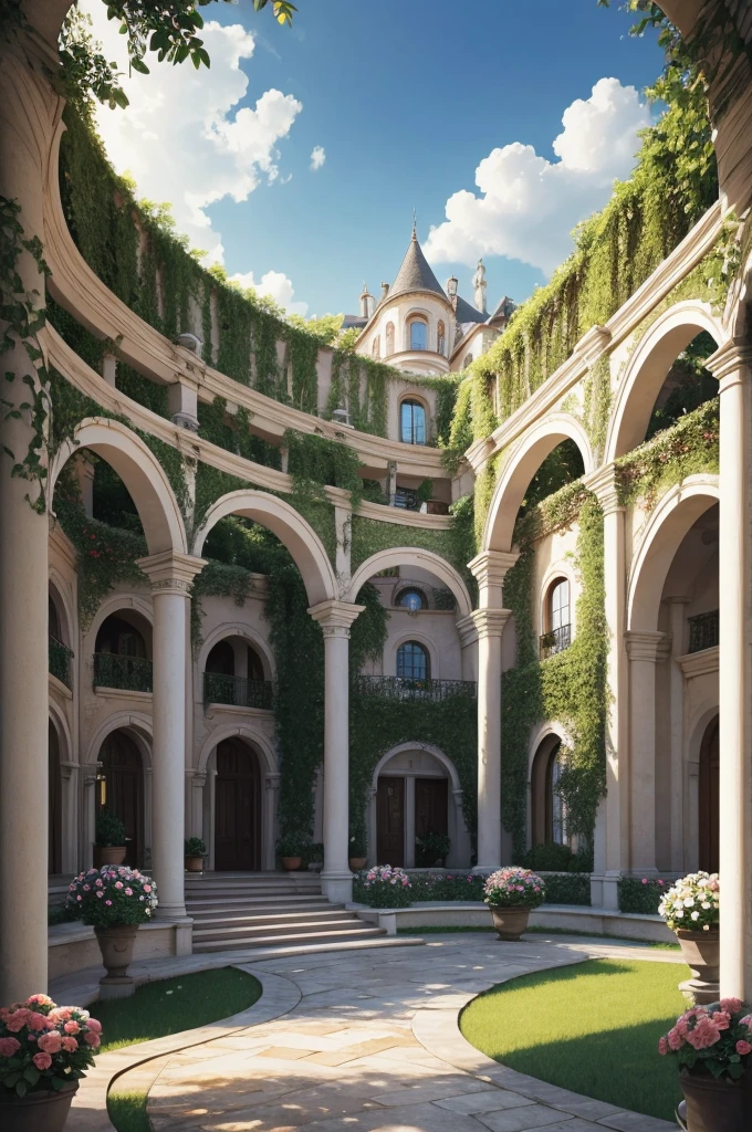 A high-resolution photo featuring a luxurious arched terrace . A series of white columns and arches are intertwined with flowering vines . The terrace is lined with white sofas and potted red flowers . In the background, beautiful lush forests extend, with castles dotting the landscape in the distance. A large fountain is visible in the center, all illuminated under a bright , sunny sky . The scene exudes an elegant and relaxed atmosphere , depicted in a realistic and beautiful style with sharp details .