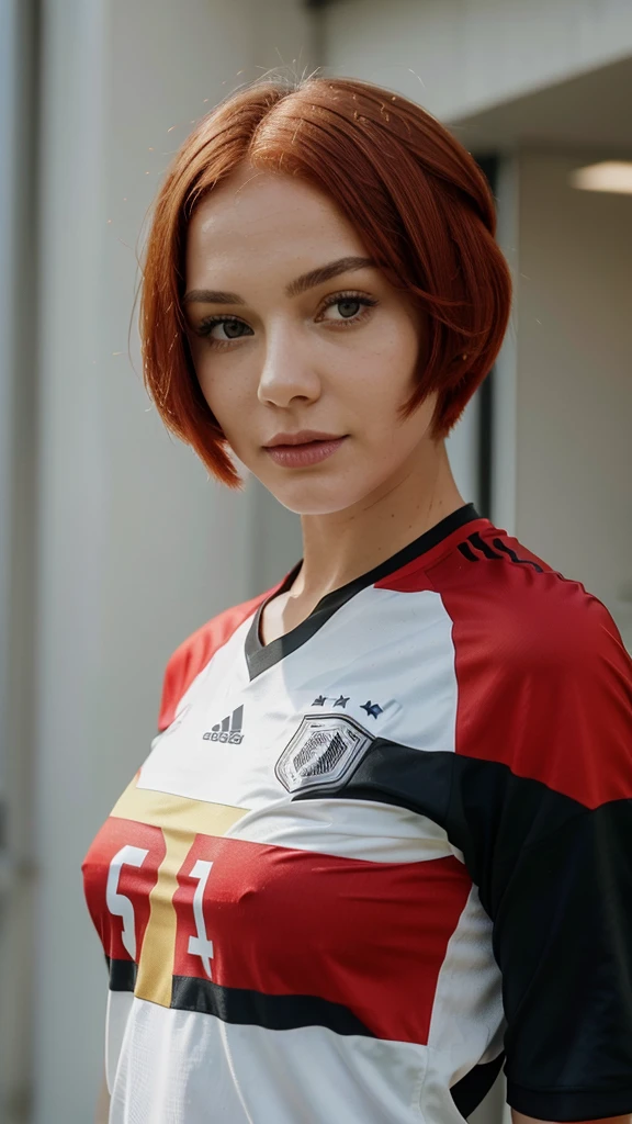 Create me picture of a beautiful woman with red bob haircut wearing a germany football shirt around her shoulder she has laid the germany flag