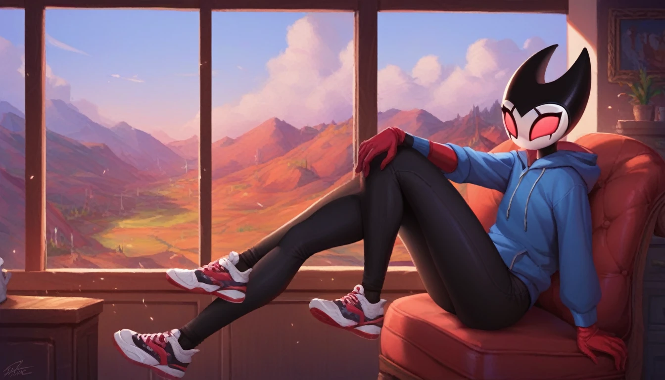 score_9, score_8_up, score_7_up, score_6_up, zPDXL2, grimm \(hollow knight\), vampire, bat, 1boy, cute face, detailed eyes, anthro, black sports pants, blue large hoodie, red sports gloves, sneakers, background, near the window, landscape, near an armchair, looking into nothing, portrait of the face, sitting, curvy body, (dynamic poses), femboy