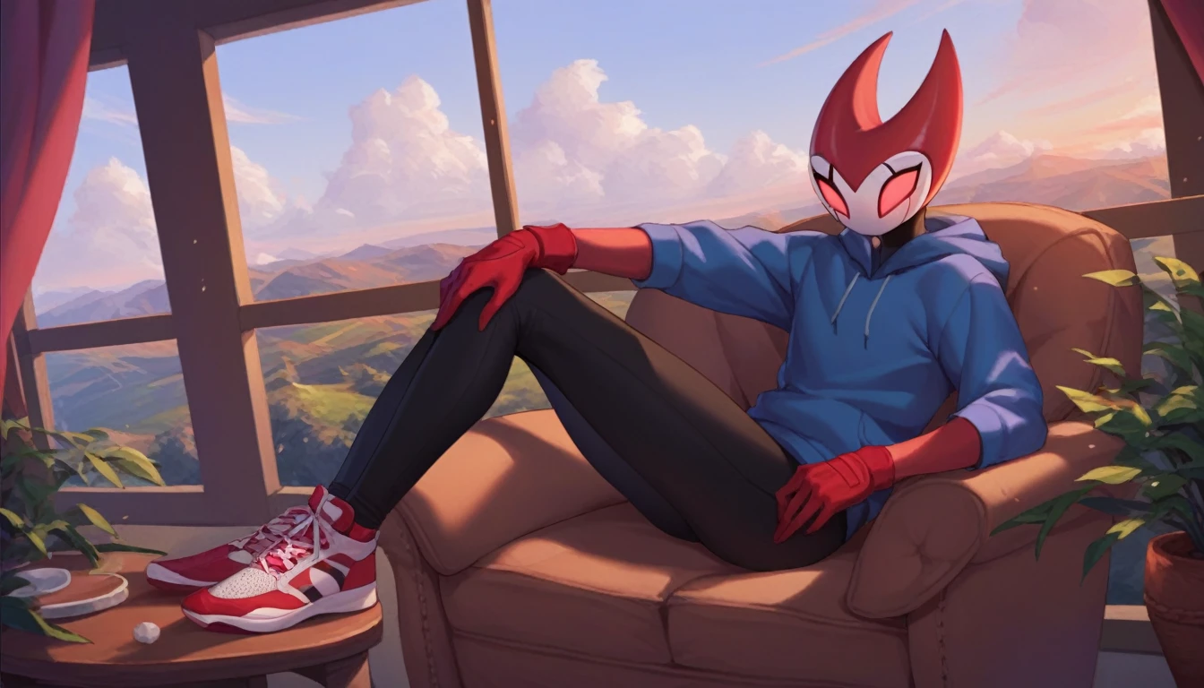 score_9, score_8_up, score_7_up, score_6_up, zPDXL2, grimm \(hollow knight\), vampire, bat, 1boy, cute face, detailed eyes, anthro, black sports pants, blue large hoodie, red sports gloves, sneakers, background, near the window, landscape, near an armchair, looking into nothing, portrait of the face, sitting, curvy body, (dynamic poses), femboy