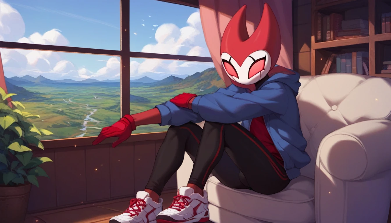 score_9, score_8_up, score_7_up, score_6_up, zPDXL2, grimm \(hollow knight\), vampire, bat, 1boy, solo, cute face, detailed eyes, anthro, near the window, landscape, highlight thighs, red sports gloves, sneakers, blue hooded sweatshirt, thick thighs