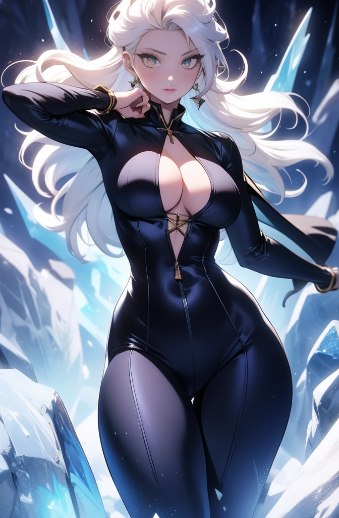 female, solo, young, sexy body, voluptuous figure, tightsuit, white hair, decolored blonde hair, ice effects around, ice queen, beautifull face, long hair, defined body, yellow and bright eyes, thick legs, strong legs, tall, Voluptuous legs, huge ass, big hip, big ass, female sorcerer, blue and black robes,