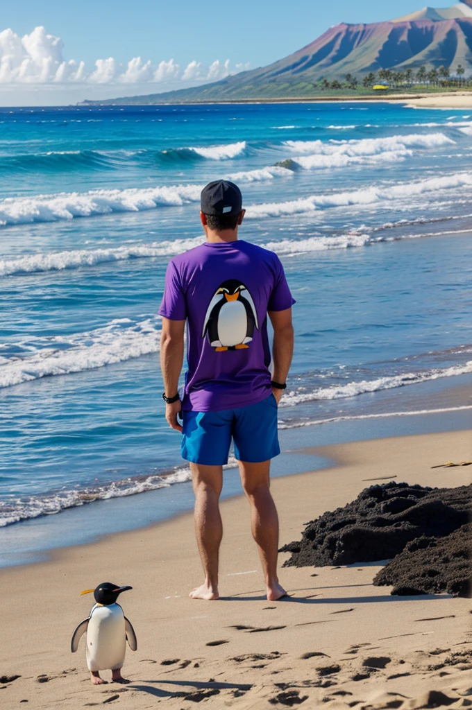 A lone penguin on the beach of Hawaii sunbathing in a blue short-sleeved t-shirt and purple shorts 