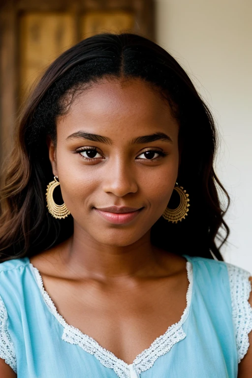 Génère une image réaliste d’une femme jeune âgée entre 20 et 30 ans, métisse (latine et africaine), très très belle, des yeux clairs, une chevelure et un visage parfaite