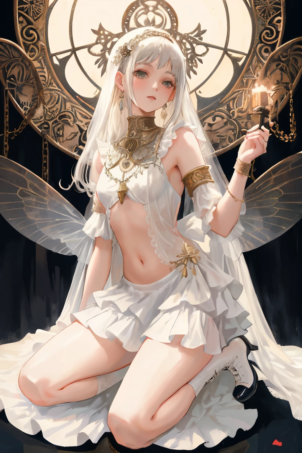  ((best quality)), ((masterpiece)), (detailed), a heavenly female knight, imposing, biblical, NSFW, long white grey hair, grey white eyes, very skinny, detailed, best quality, prominent collarbones, skinny arms, flat stomach, visible hip bones, small breasts, full body, red and white clothing, occult aesthetic, occult, detailed and intricate steampunk and detailed gothic, NSFW, Fluttering lace flared long knee length dress with frilly petticoats, knee length dress, pleated petticoats, petticoats gothic, complex lace boots, gothic aesthetic, wielding a mighty sword with mechanical components, mandalas, small breasts, a fairy, various different types of insect wings, bug wings, beetle wings, NSFW, full body, whole body, body, chains, 