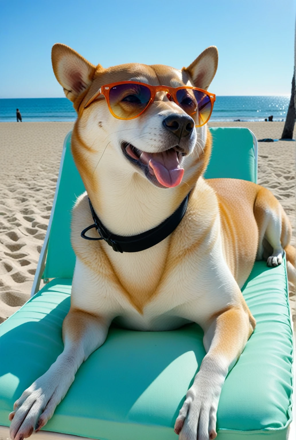 /they, a Shiba Inu breed dog, lies on a sun lounger on the beach with sunglasses, with the mouth open and the tongue hanging out and the sun reflecting on the glasses --relax --v 4