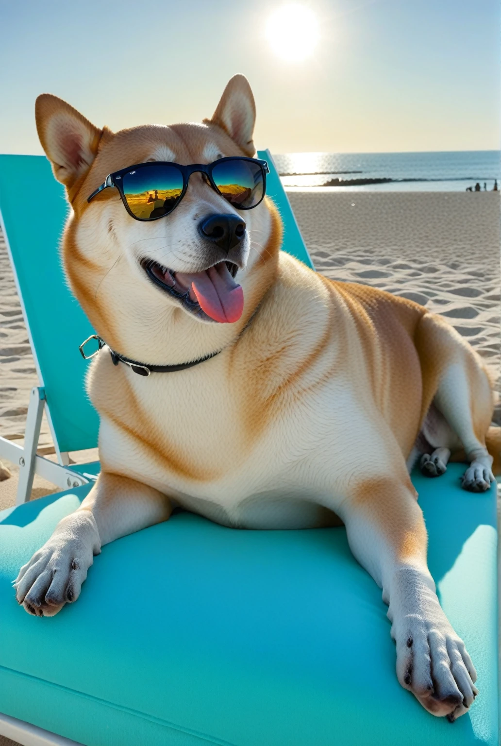 /they, a Shiba Inu breed dog, lies on a sun lounger on the beach with sunglasses, with the mouth open and the tongue hanging out and the sun reflecting on the glasses --relax --v 4