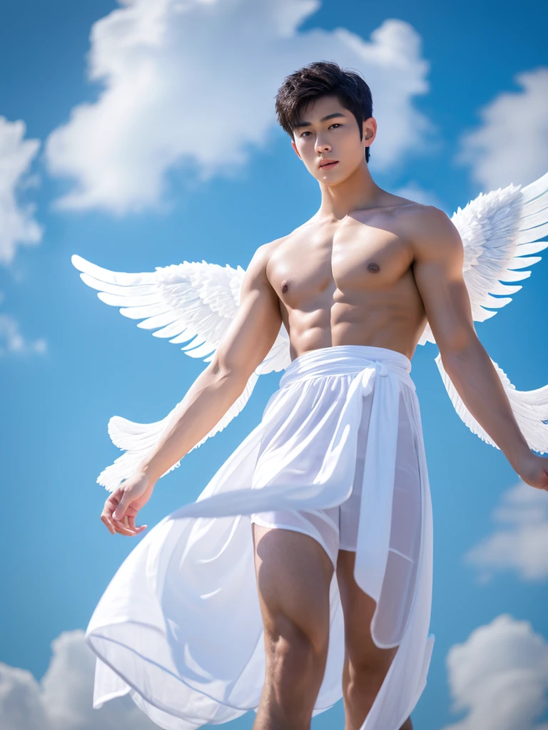 young buddha as christian angel wearing very short greek cloth,Angel wings, Korean male model, k pop idol, Song Kang Lookalike, topless, muscles, head to toe, full body portrait, realistic, romantic, photograph, portrait, elegance handsome, athlete body, full frame,appeals,playful, flying in the heaven sky,