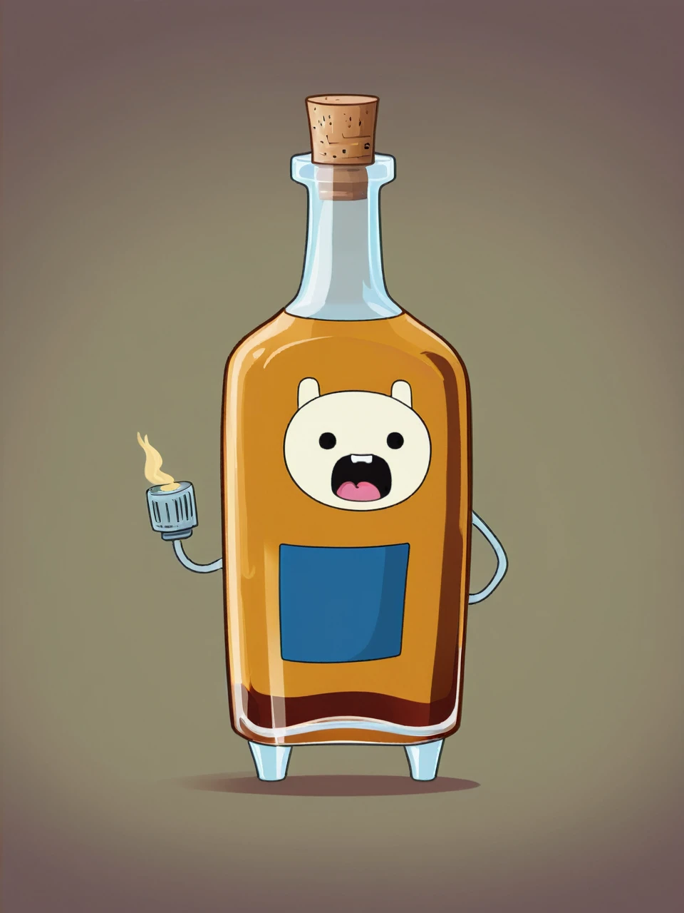Vector illustration of a humanoid whisky bottle, cute Adventure Time style, with cigar