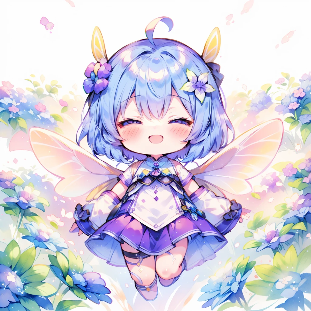 Highest quality,masterpiece,Watercolor style,Chibi Character,Girl,Blue Hair,Long Hair,Purple eye fairy wings,(hydrangea),smile,joy