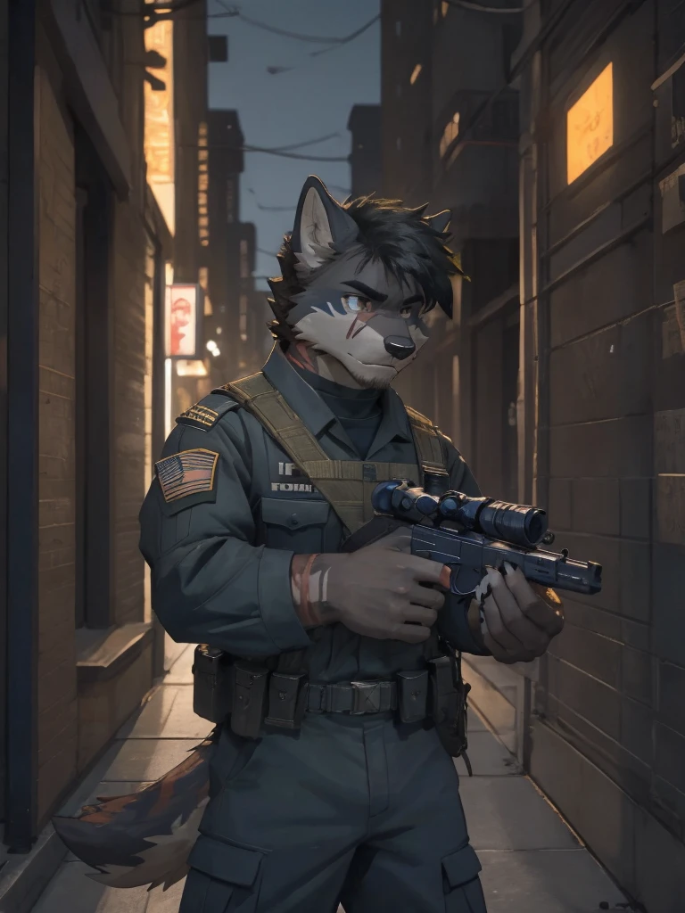 Male, male focus, wolf, short hairs, black fur, white fur, black hair, Red heart stripes on his hair, navy seal military uniform, gun, m416, high quality, highlight, shade, shadow, city street, night, scars, high details, Very high level of detail, Very detailed shading 