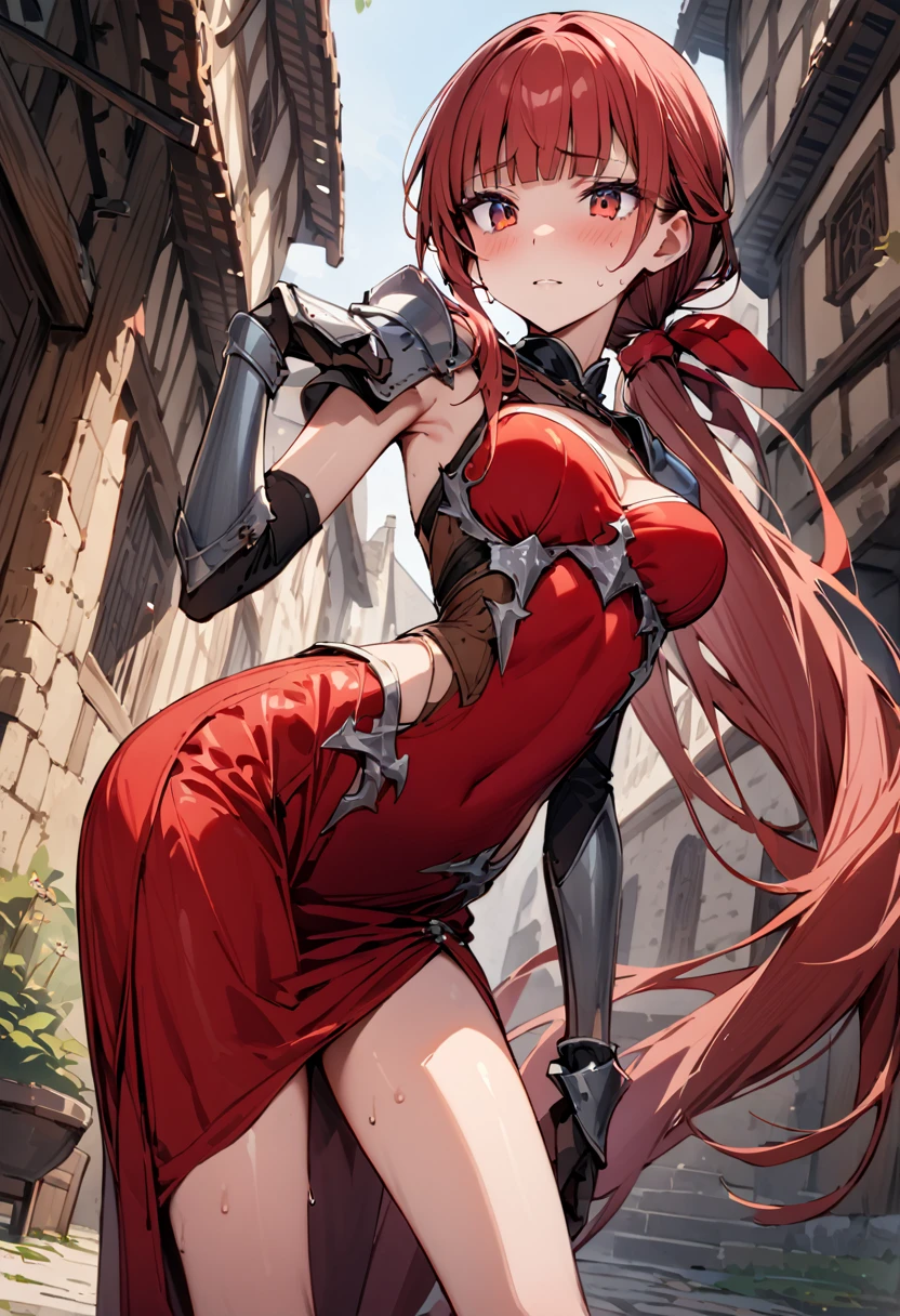 ((masterpiece,Highest quality:1.3)),cowboy shot,1woman,30 year old beauty,female knight、独奏,((very small head:1.3)),red hair,long hair,low ponytail,blunt bangs,red eyes,gorgeous eyes,shy,medium breasts,((very long body:1.3)),((toned body,slender body,skinny)),gleaming skin,shiny skin,sweat,knight armor、Iron Gauntlets、Red Skirt、slit、Leather knee-high boots、standing,city、Medieval Europe、