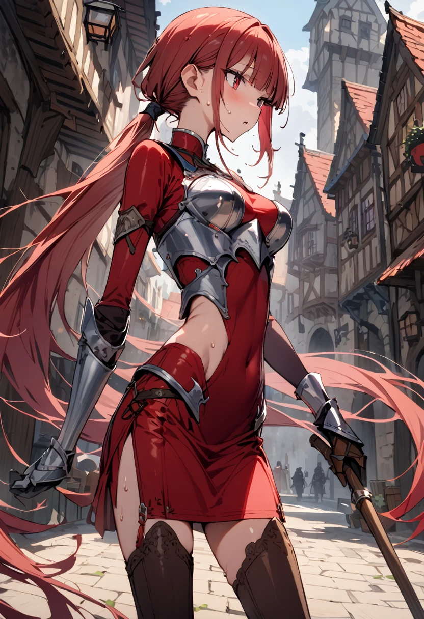 ((masterpiece,Highest quality:1.3)),cowboy shot,1woman,30 year old beauty,female knight、独奏,((very small head:1.3)),red hair,long hair,low ponytail,blunt bangs,red eyes,gorgeous eyes,shy,medium breasts,((very long body:1.3)),((toned body,slender body,skinny)),gleaming skin,shiny skin,sweat,knight armor、Iron Gauntlets、Red Skirt、slit、Leather knee-high boots、standing,city、Medieval Europe、