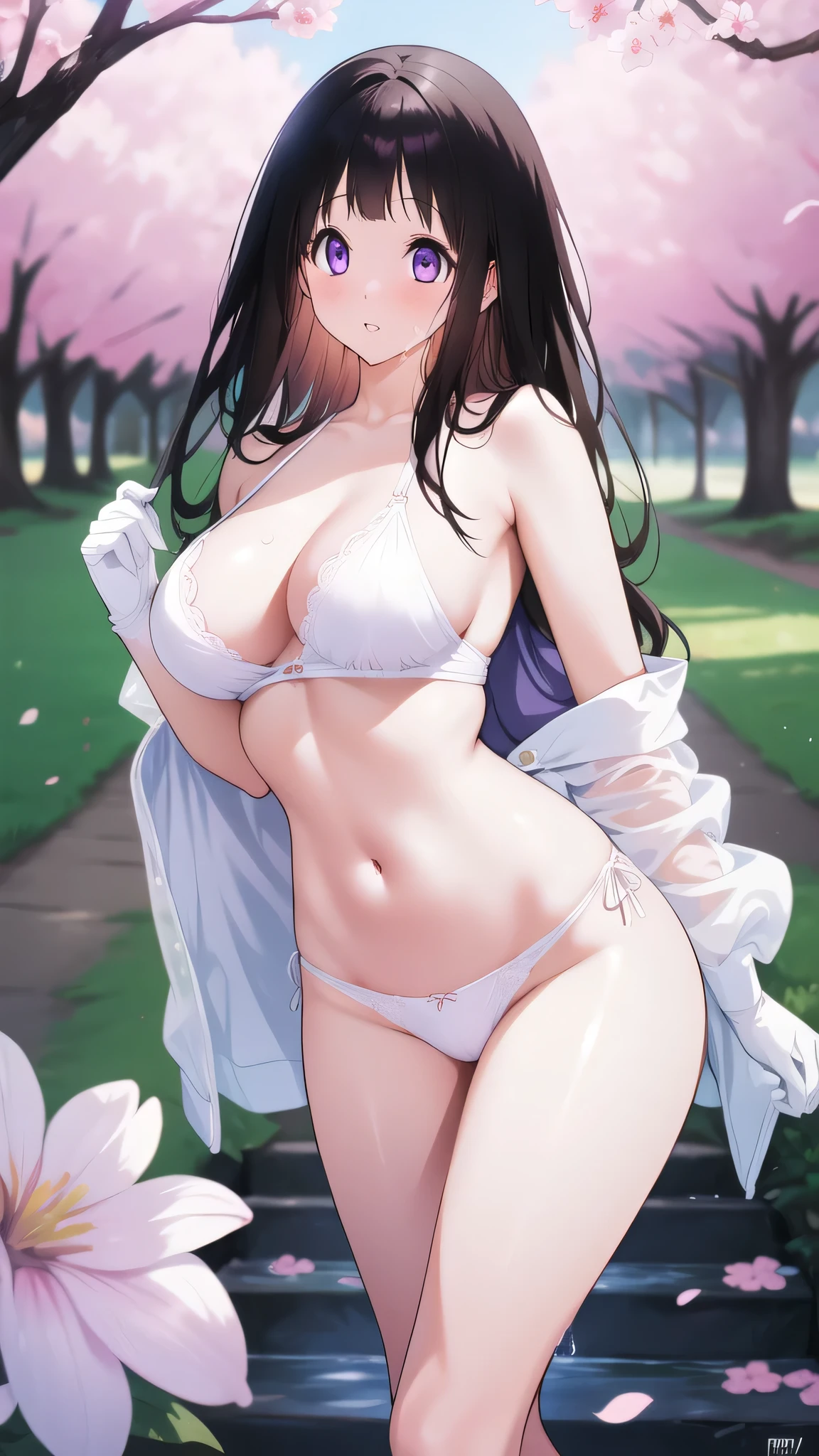 Amazing Chitanda, There is only one beautiful girl,Purple Eyes, Black Hair, Very red face,Very white skin,Glowing skin,Skin as delicate as porcelain,Naturally straight hair, Straight bangs,Extremely refined,Open lips,Long flowing hair,Beautiful Girl, Like a dream,Slim,Slim waist,soft, (sensuous), (Kawaii), Dream quality,Beautiful big breasts,Transparent loose school uniform,areola,Completely naked,Lower edge of breast,White gloves,Flower decoration,Deep V neckline,Loose neckline,Lace-up,Wide neckline,Walking in school,Place your hands on your inner thighs,Thighs clamp hands,Wet skin,Sweaty and sweaty,Sweating all over,Underwear Rain,Next to the cherry blossom trees,Back to,Lean over,Hips,Side body,Gluteal groove,Completely naked buttocks,Bare back,Completely naked back,Light transmission,(no pants),nopan,pussy juice,Bare shoulders,Bare neck,Exposed collarbone,Exposing breasts,Exposing breasts side,Exposing breasts,Show your waist,Show your buttocks,Show your thighs,Exposing the groin,(No pants),extremely shy,Ultra-high resolution, (masterpiece:1.2, best quality), (Delicate and beautiful eyes: 1.2), (Beautiful and delicate face)